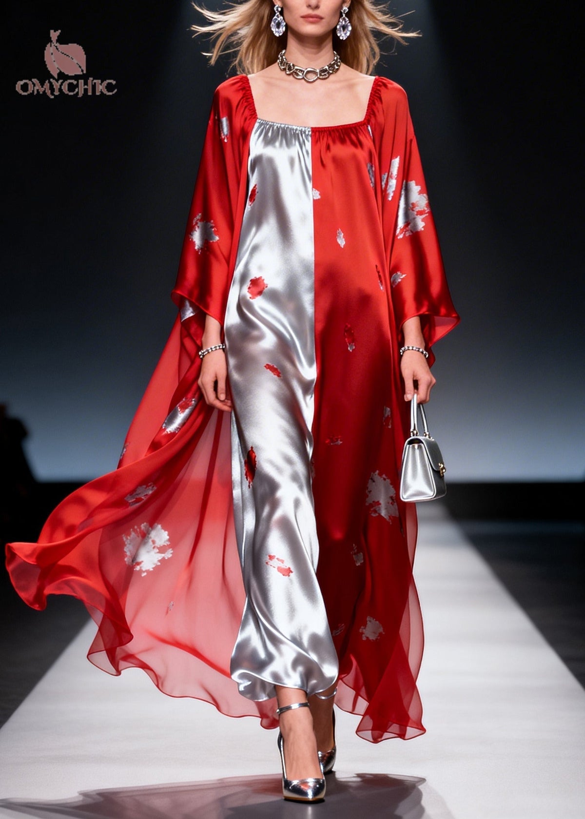 Square Neck Abstract Print Satin Sheer Cape Sleeve Maxi Dress 3