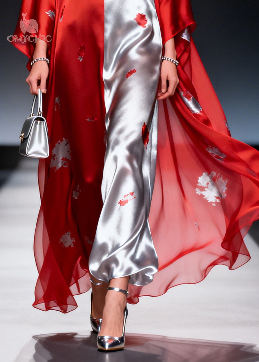 Square Neck Abstract Print Satin Sheer Cape Sleeve Maxi Dress 4