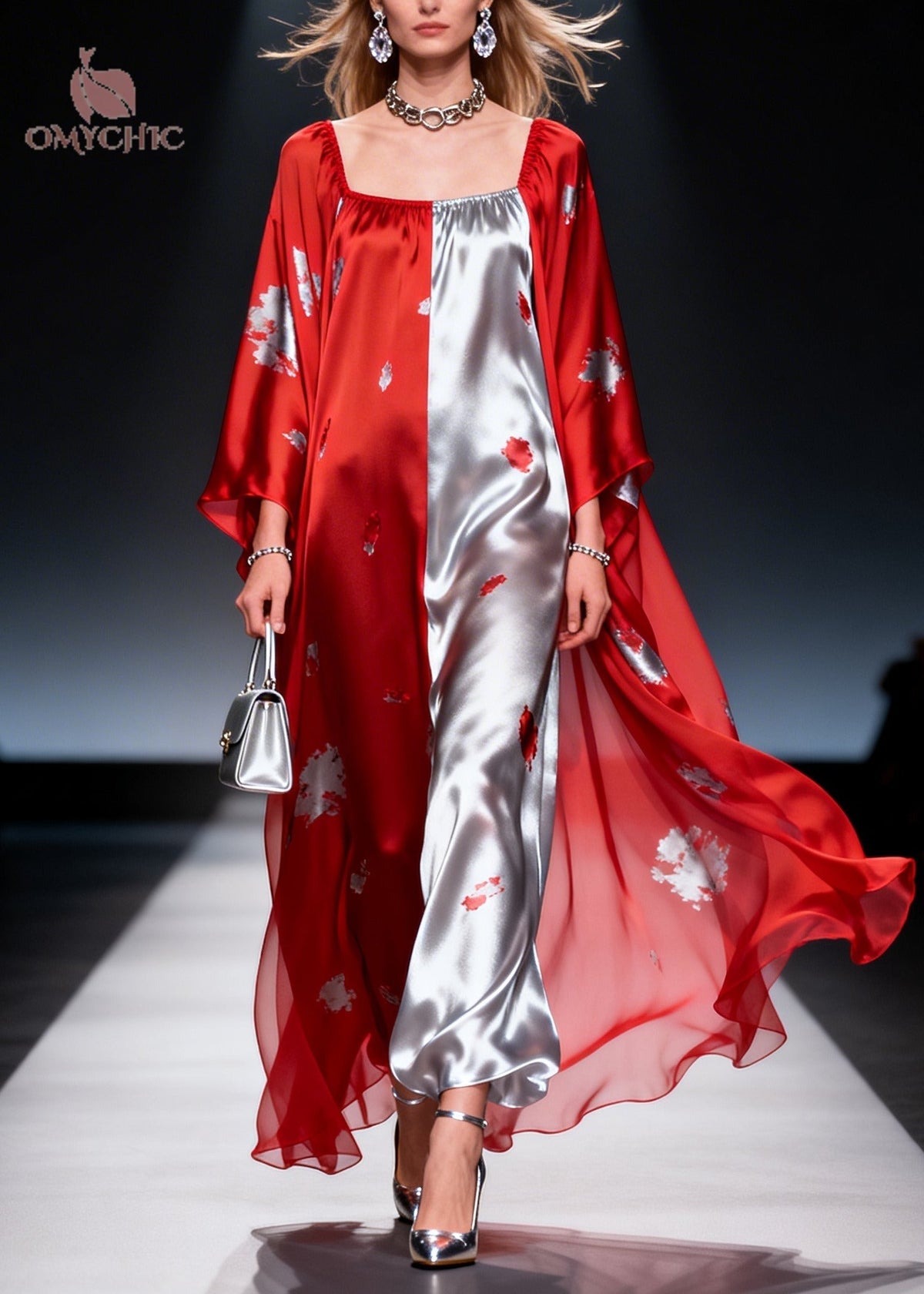 Square Neck Abstract Print Satin Sheer Cape Sleeve Maxi Dress 5