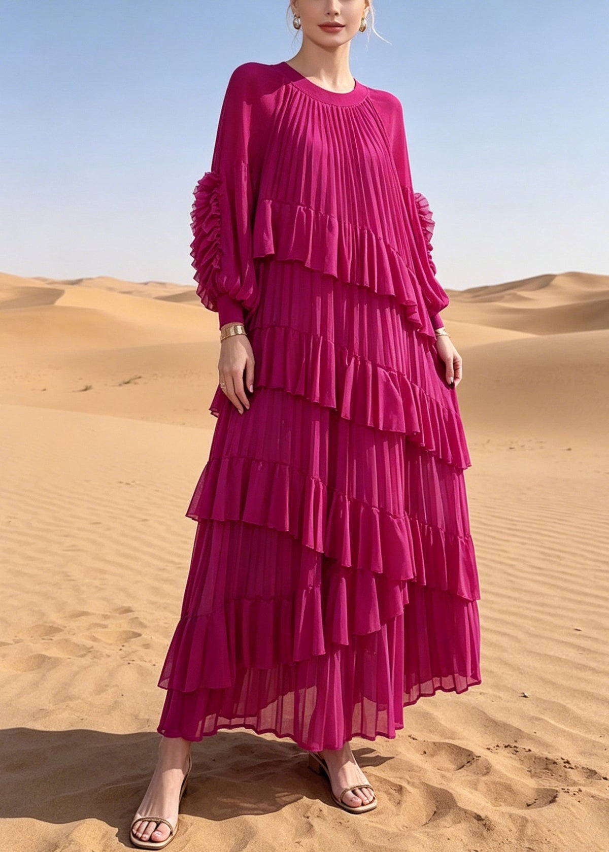 Round Neck Sunray Pleat Vertical Ruffle Cuff Tiered Chiffon Maxi Dress