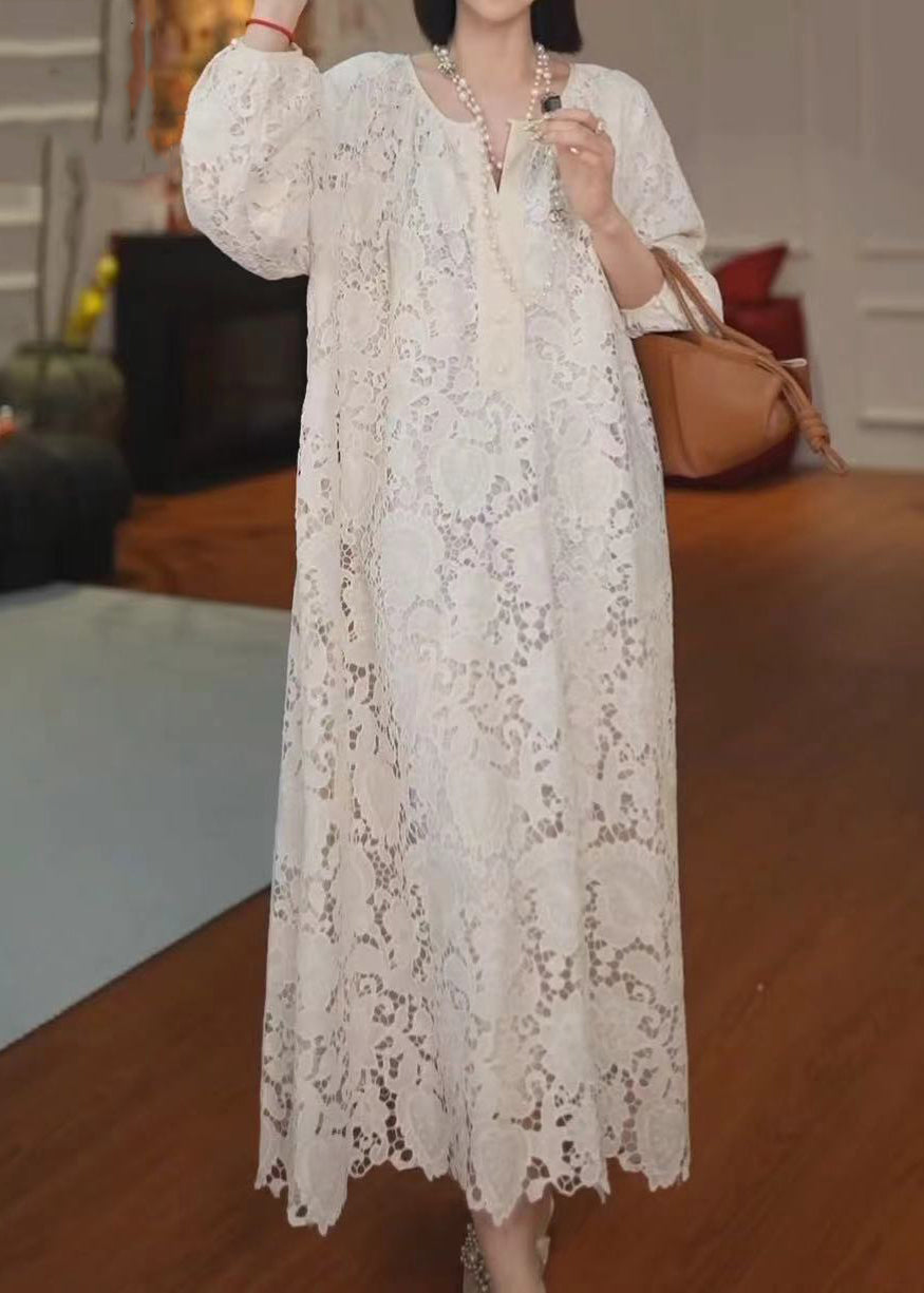 Deep V-Neck Hollow Lace Panel Long Sleeve Maxi Dress