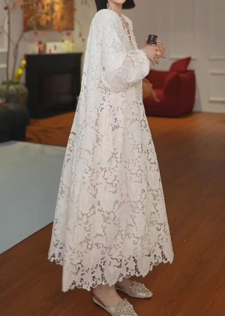 Deep V-Neck Hollow Lace Panel Long Sleeve Maxi Dress 5