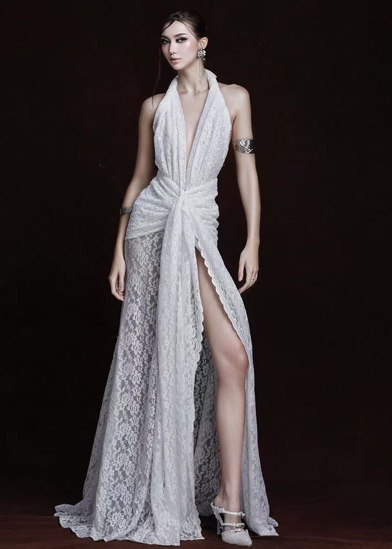 Halter Plunge V-Neck Floral Lace Knot Waist Thigh Slit Maxi Gown