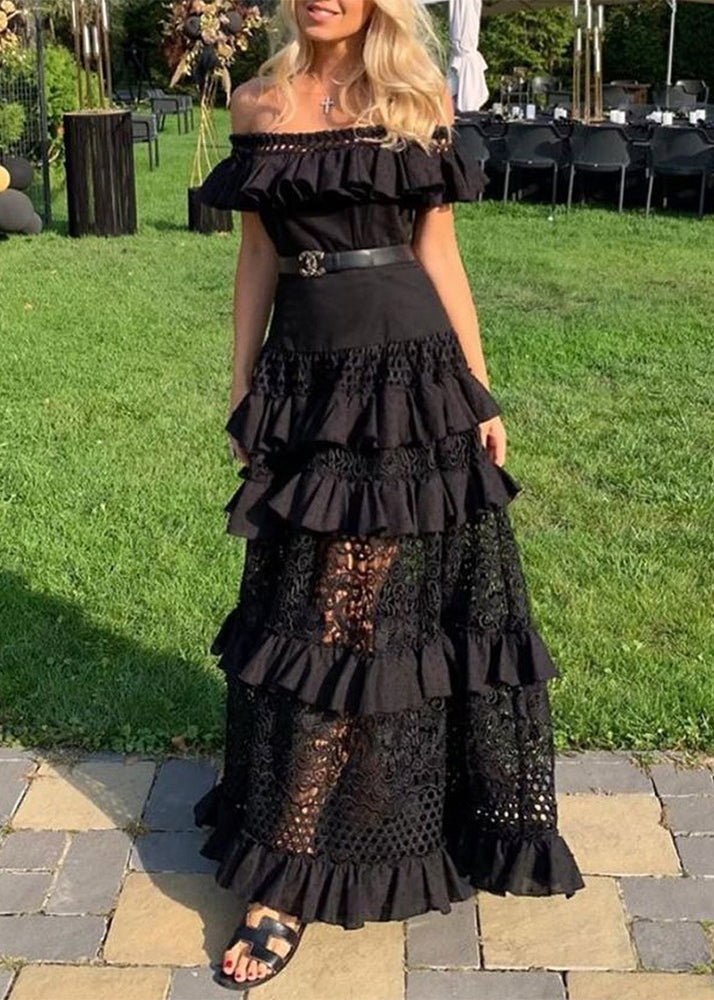 Off Shoulder Ruffled Lace Tiered Eyelet Maxi Dress 2