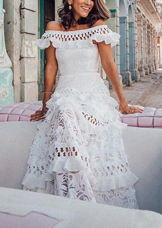 Off Shoulder Ruffled Lace Tiered Eyelet Maxi Dress 3