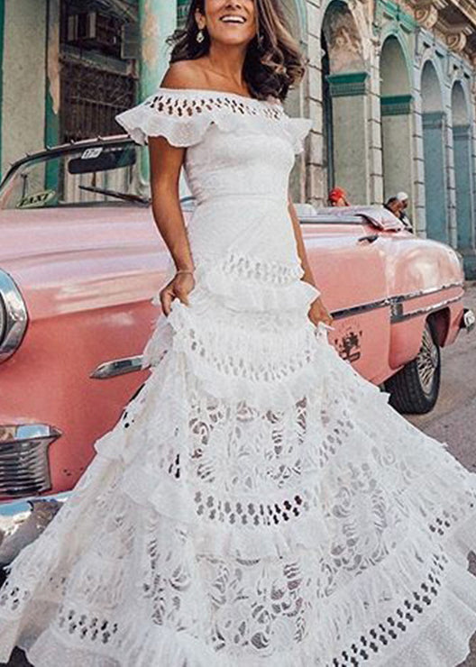 Off Shoulder Ruffled Lace Tiered Eyelet Maxi Dress 4