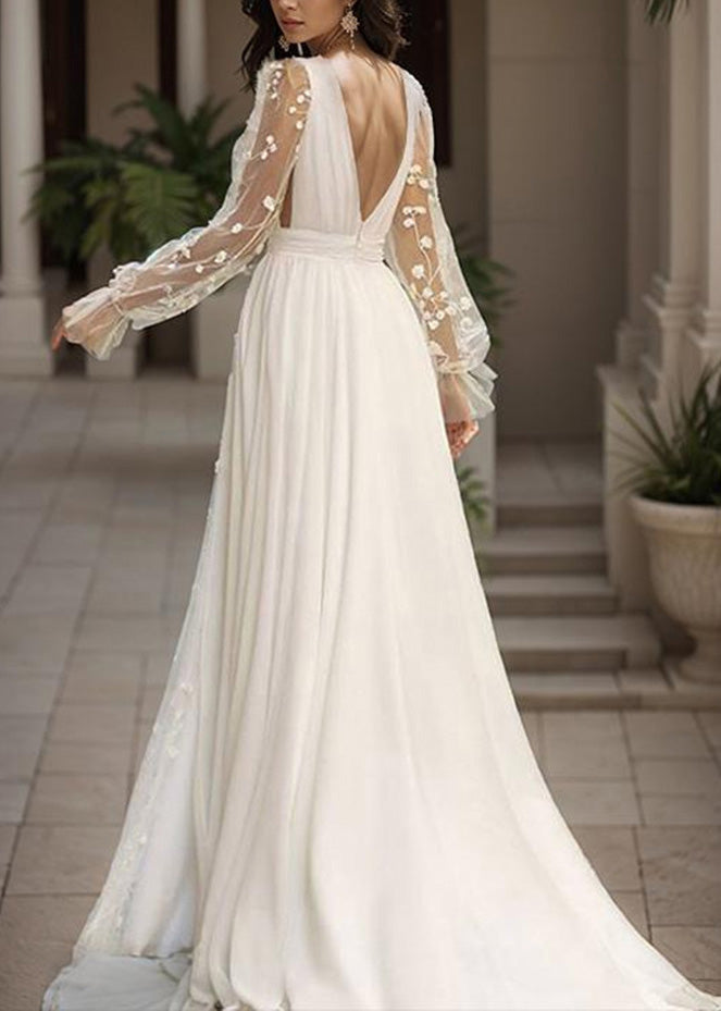 Deep V-Neck Floral Embroidery Mesh Sleeve Band Waist Slit Chiffon Maxi Gown 2
