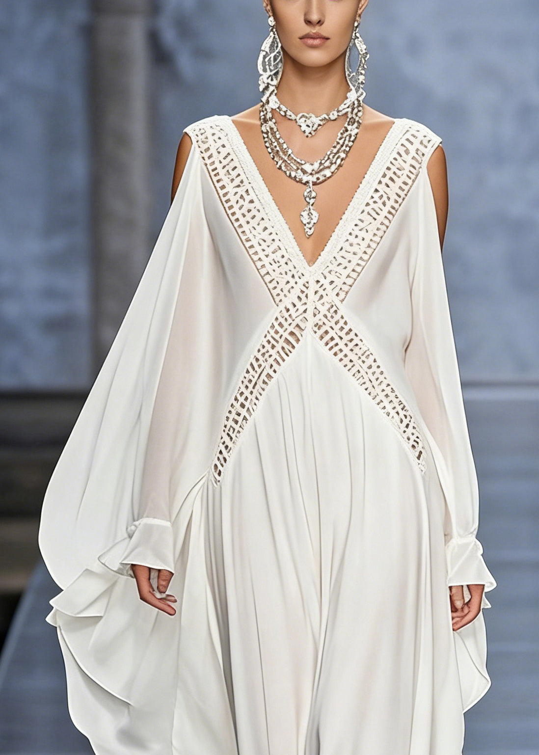 Deep V-Neck Cold-Shoulder Cape Sleeve Lattice Crochet Maxi Gown 2
