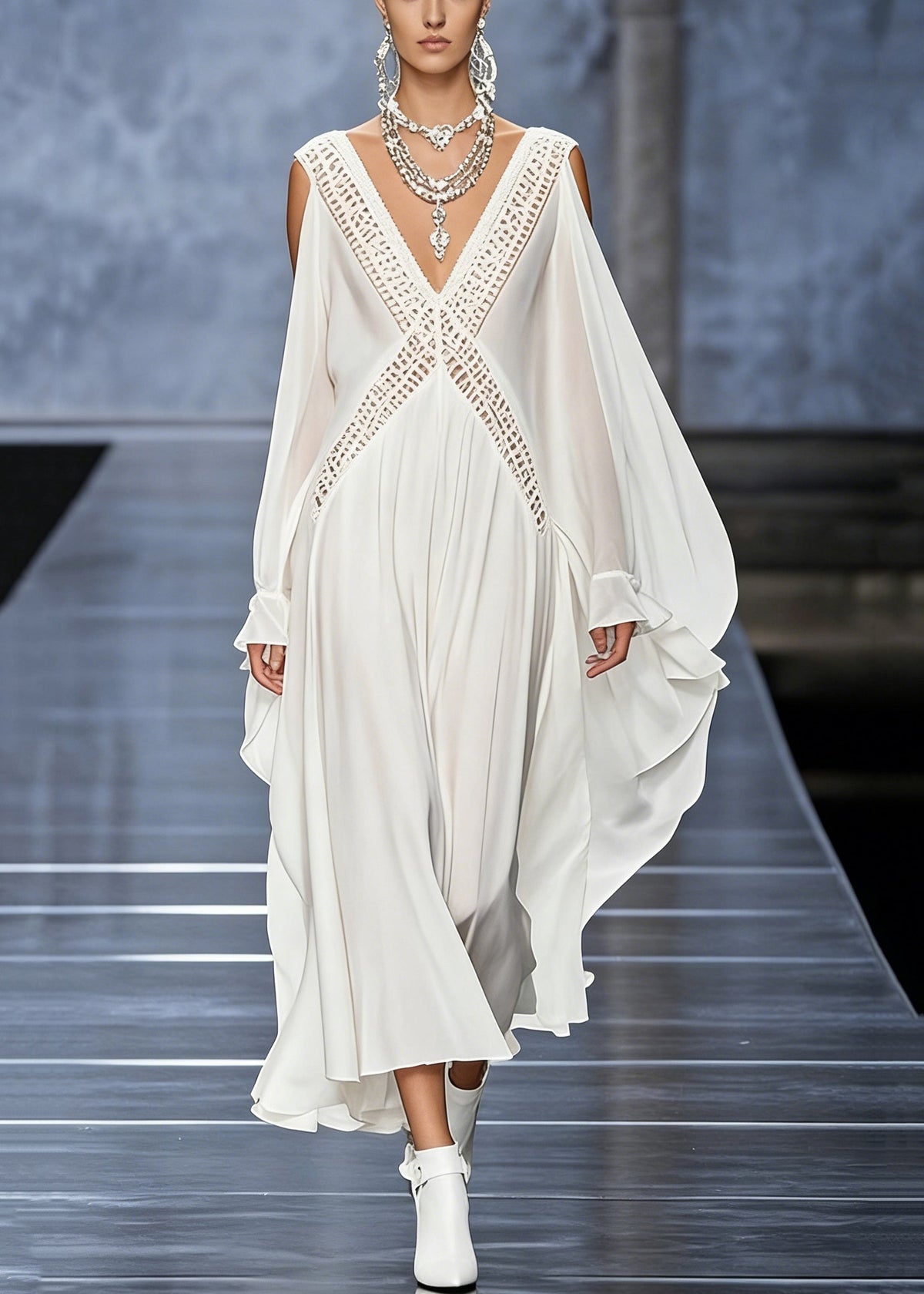 Deep V-Neck Cold-Shoulder Cape Sleeve Lattice Crochet Maxi Gown 3