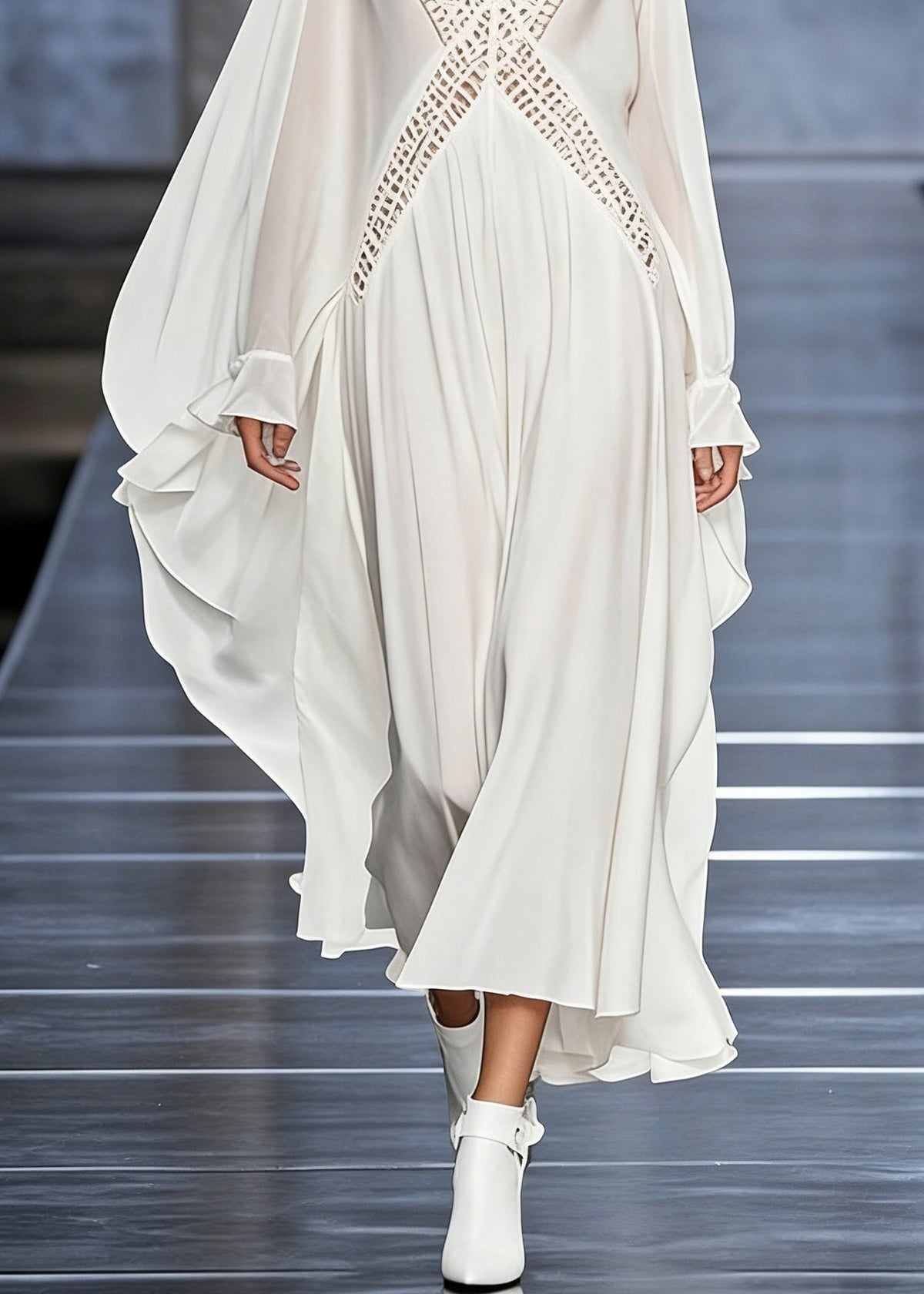 Deep V-Neck Cold-Shoulder Cape Sleeve Lattice Crochet Maxi Gown 4