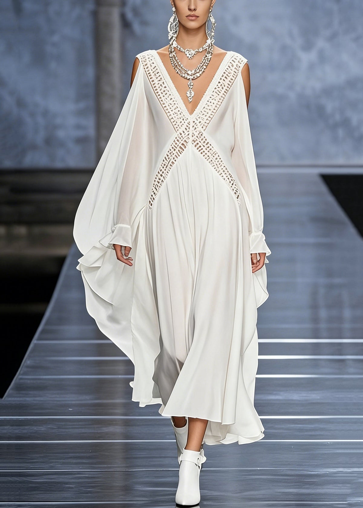 Deep V-Neck Cold-Shoulder Cape Sleeve Lattice Crochet Maxi Gown 5