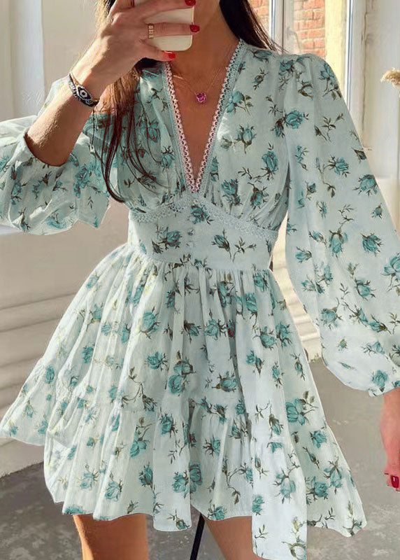 V-Neck Lace Trim Puff Sleeve Button Waistband Floral Mini Dress 2