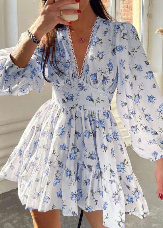 V-Neck Lace Trim Puff Sleeve Button Waistband Floral Mini Dress 3