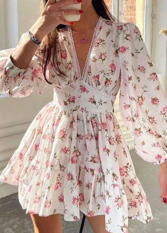 V-Neck Lace Trim Puff Sleeve Button Waistband Floral Mini Dress 4