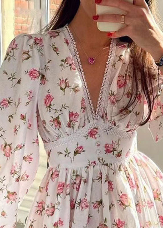V-Neck Lace Trim Puff Sleeve Button Waistband Floral Mini Dress 5
