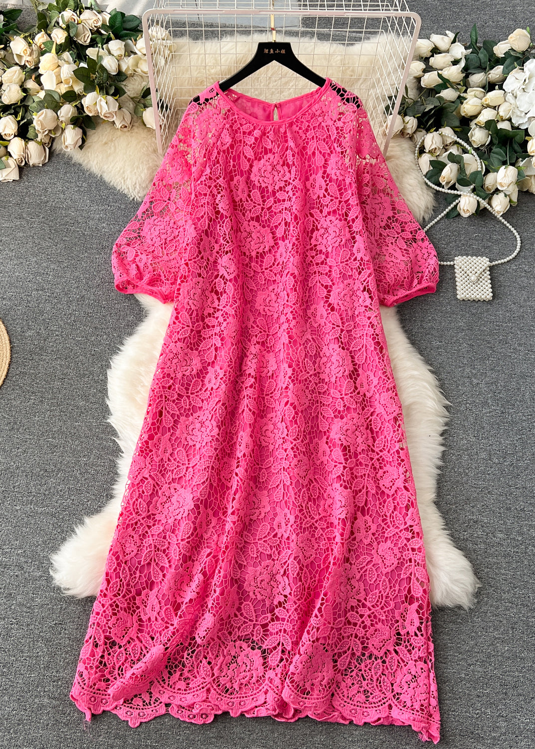 Round Neck Puff Sleeve Floral Lace Scalloped Hem Midi Dress 2