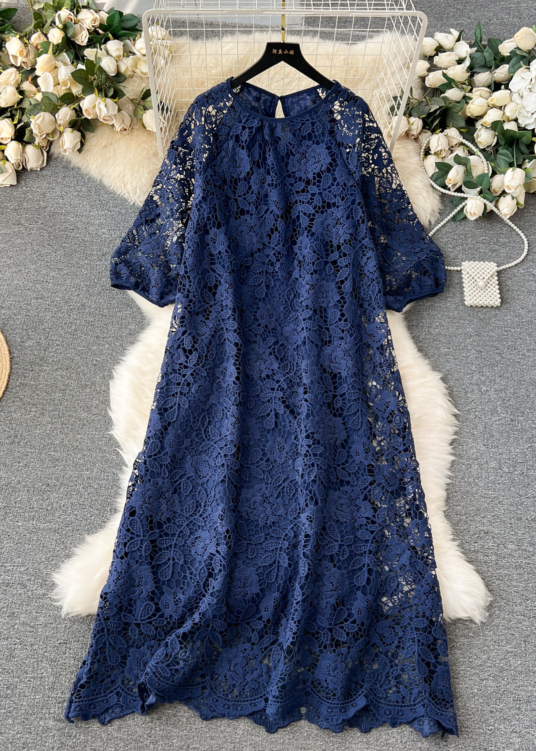 Round Neck Puff Sleeve Floral Lace Scalloped Hem Midi Dress 3