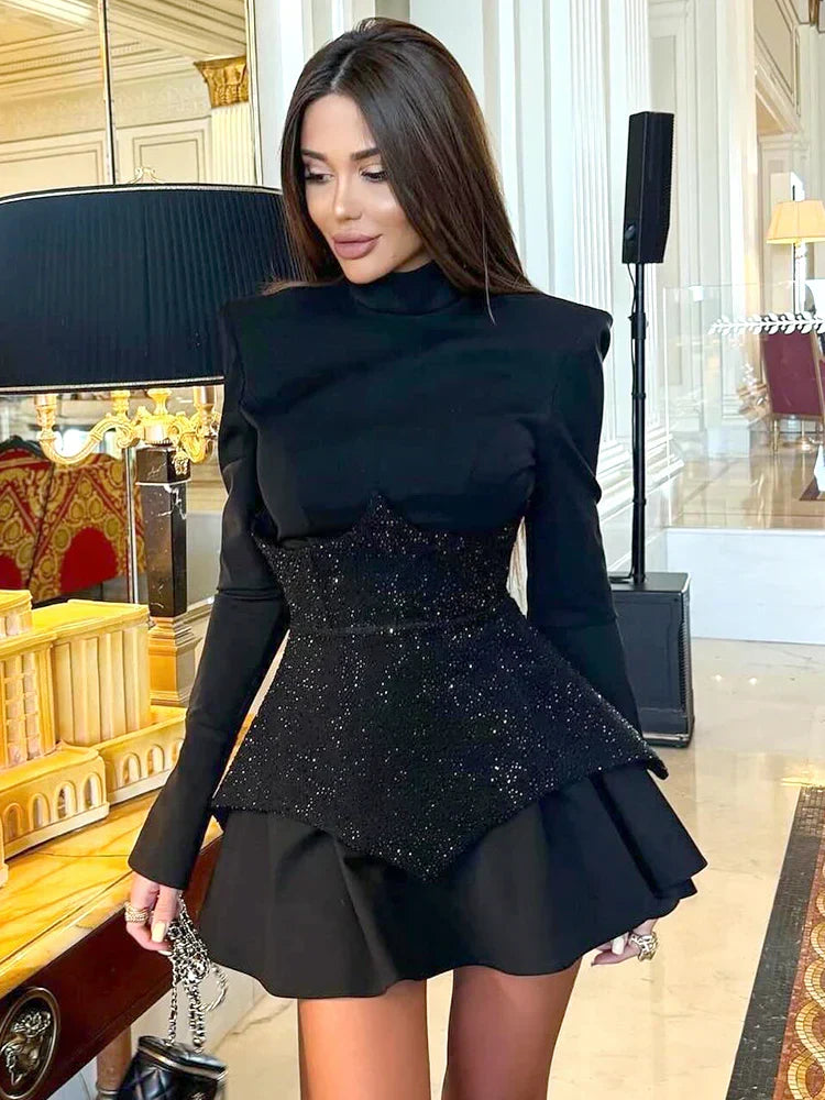 Mock Neck Long Sleeve Rhinestone Pointed Panel Flounce Hem Mini Dress 2