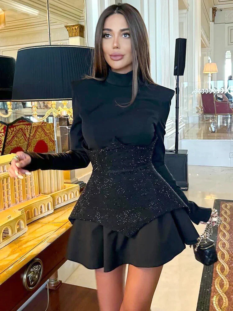 Mock Neck Long Sleeve Rhinestone Pointed Panel Flounce Hem Mini Dress 4
