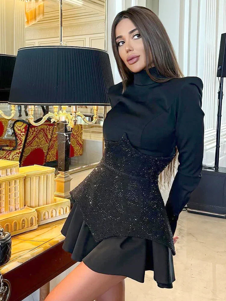 Mock Neck Long Sleeve Rhinestone Pointed Panel Flounce Hem Mini Dress 3