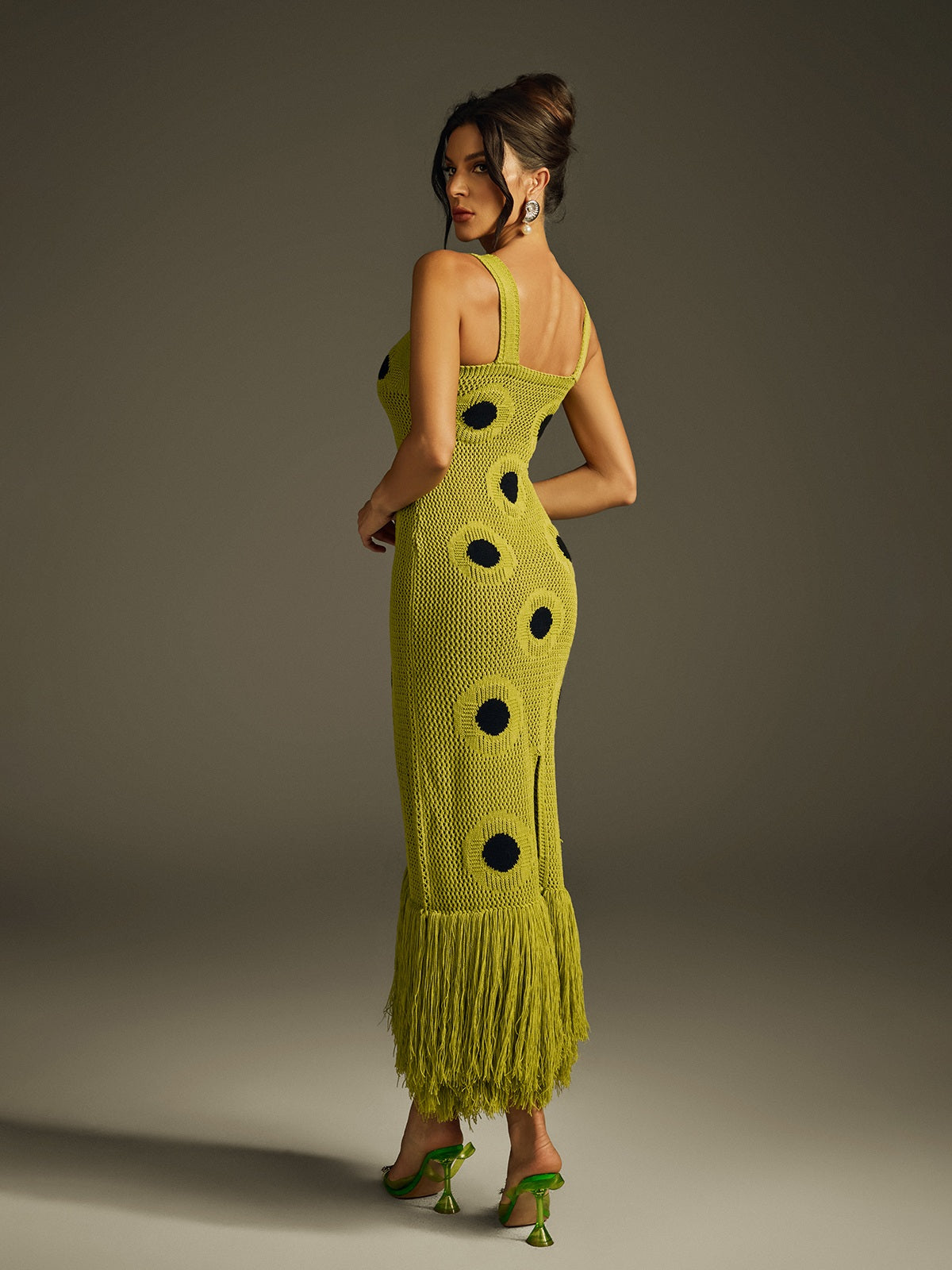 Scoop Neck Polka Dot Crochet Fringe Hem Midi Dress 6