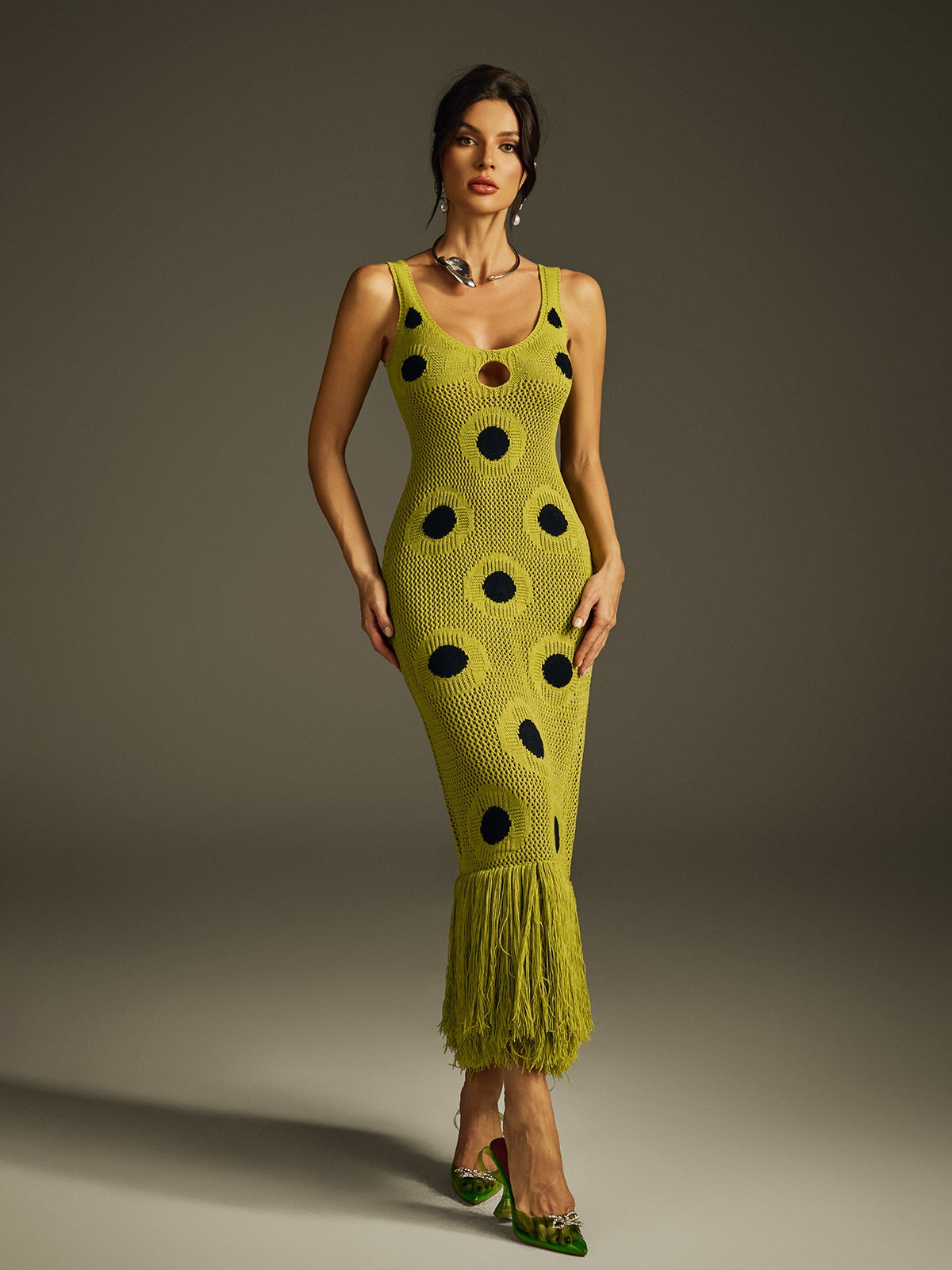 Scoop Neck Polka Dot Crochet Fringe Hem Midi Dress 2