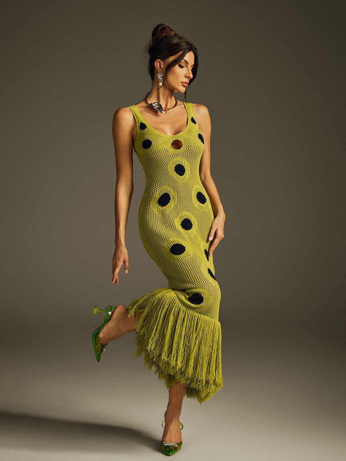 Scoop Neck Polka Dot Crochet Fringe Hem Midi Dress