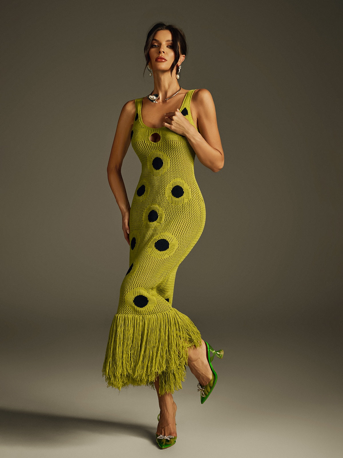 Scoop Neck Polka Dot Crochet Fringe Hem Midi Dress 4