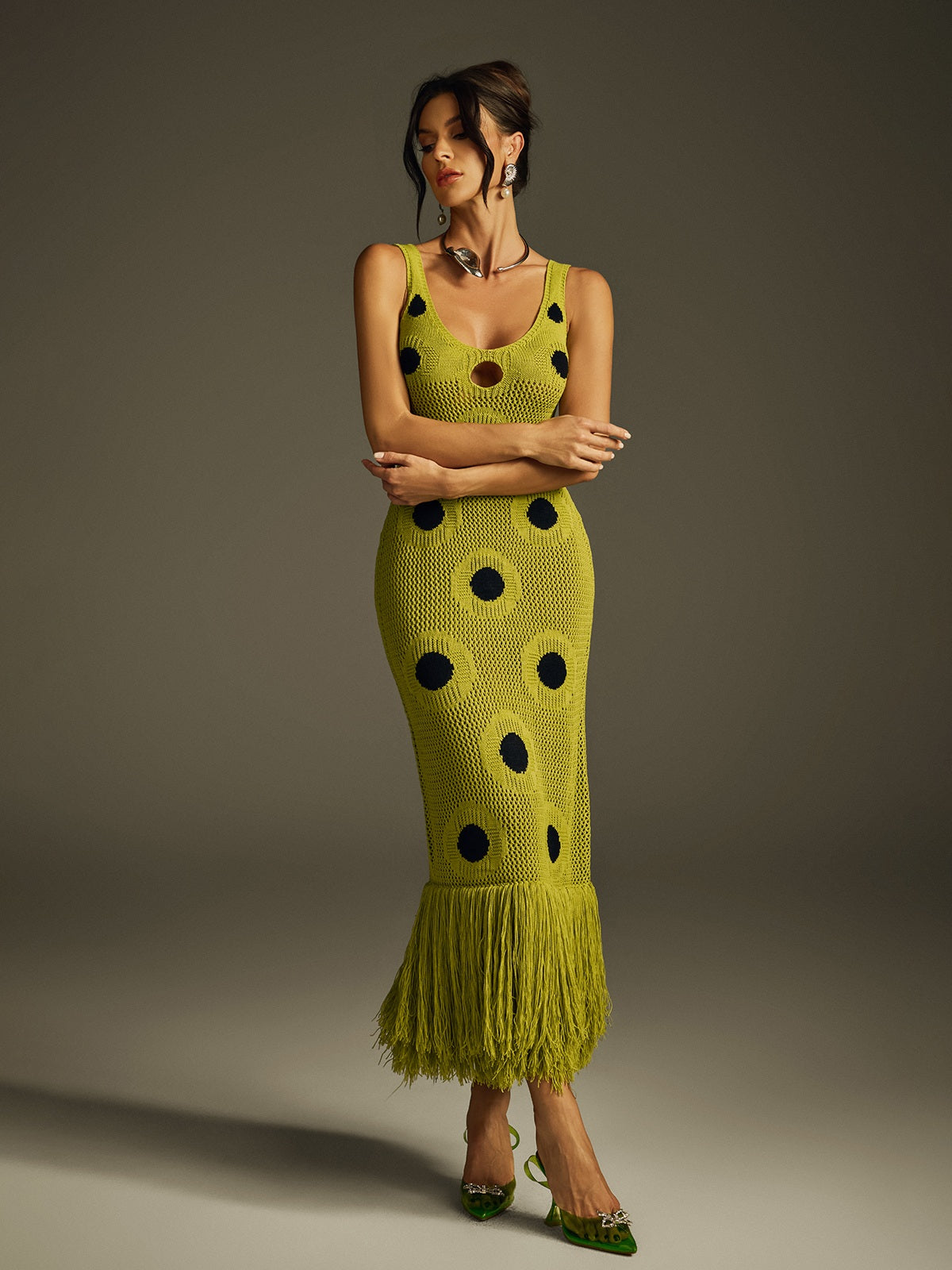 Scoop Neck Polka Dot Crochet Fringe Hem Midi Dress 5