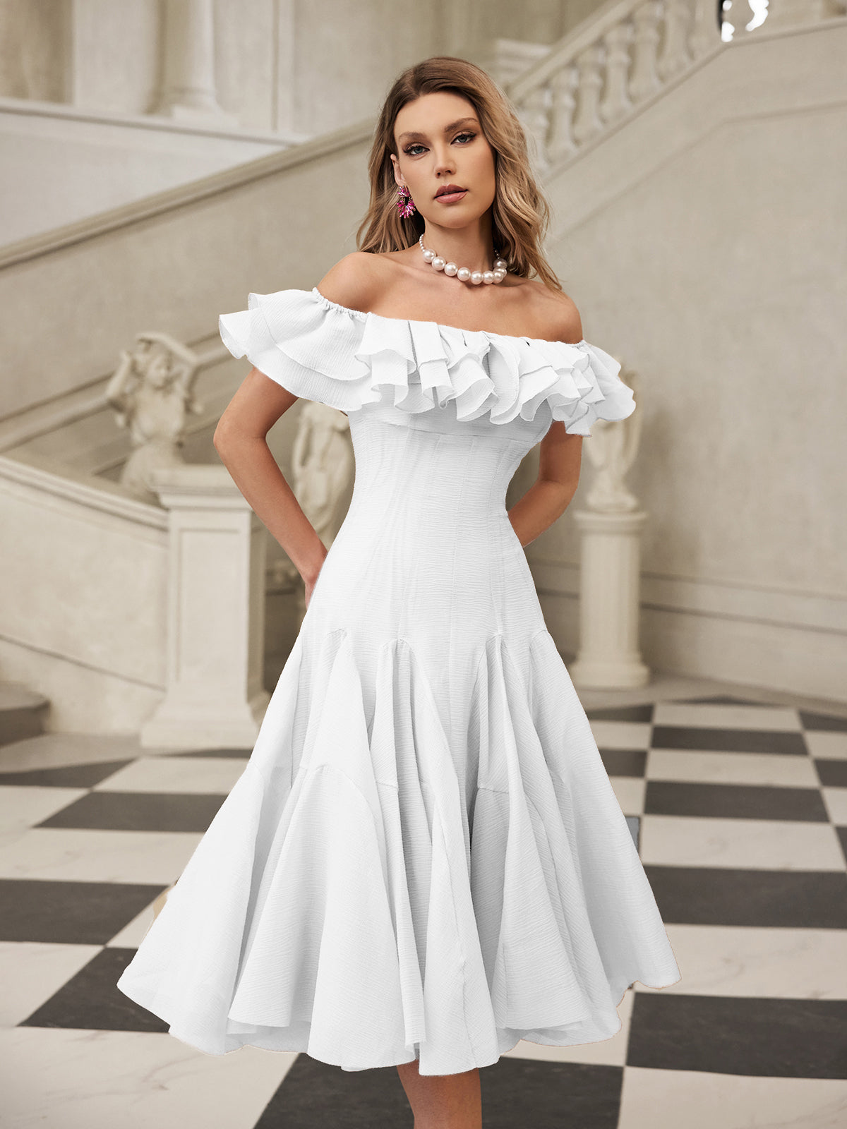 Off Shoulder Tiered Ruffle Fit and Flare Pleated Midi Dress