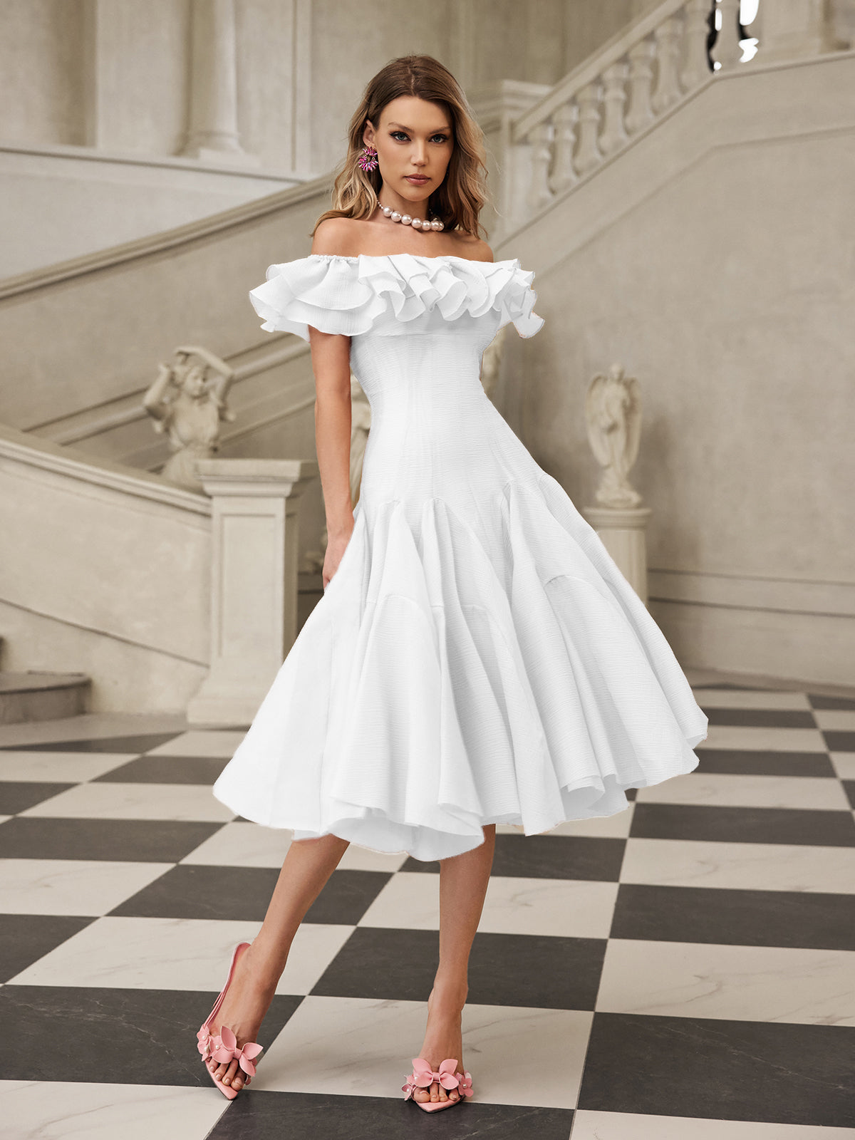 Off Shoulder Tiered Ruffle Fit and Flare Pleated Midi Dress 2