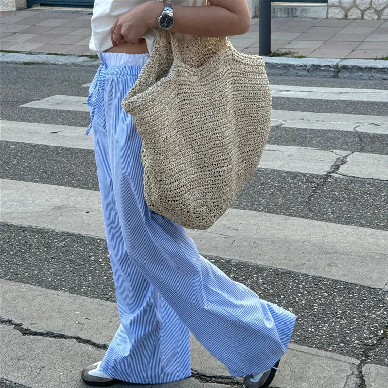 Striped Drawstring Elastic-Waist Loose Wide-Leg Casual Pants