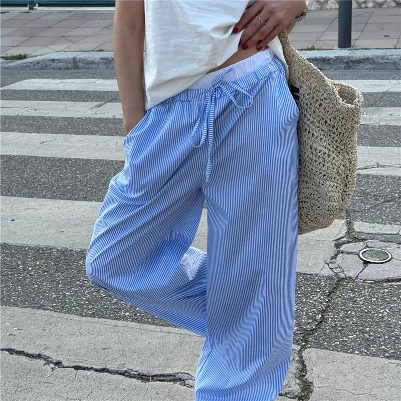 Striped Drawstring Elastic-Waist Loose Wide-Leg Casual Pants