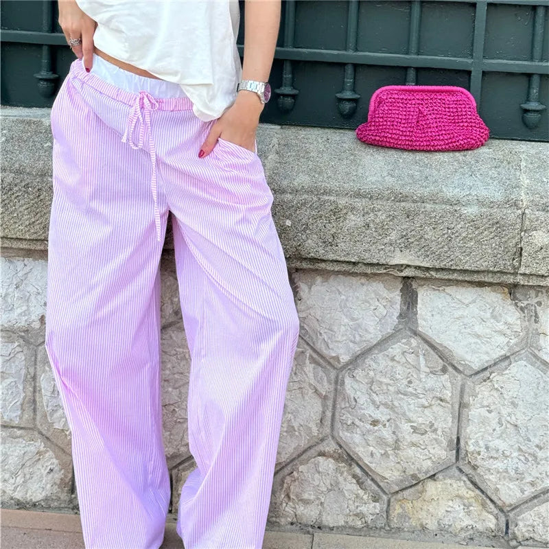 Striped Drawstring Elastic-Waist Loose Wide-Leg Casual Pants