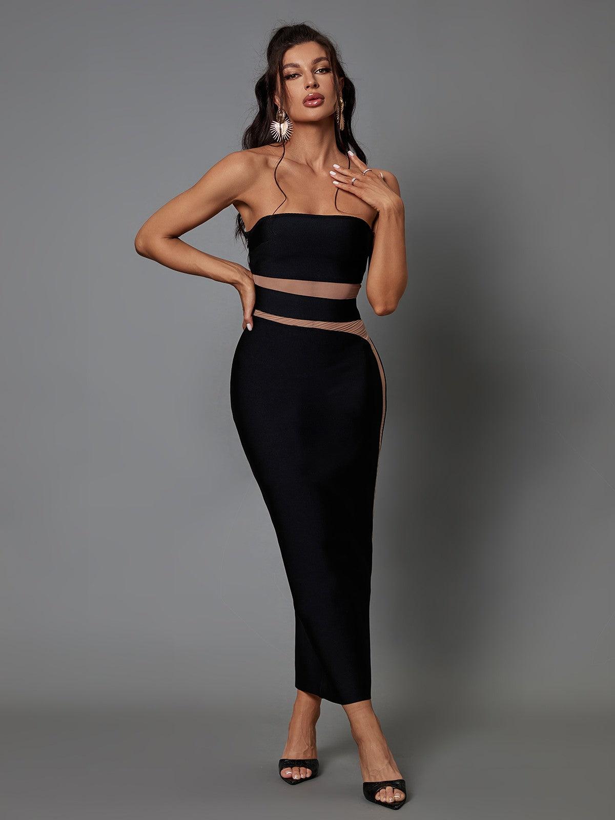 Strapless Bandage Mesh Waist Cutout Illusion Midi Dress 2