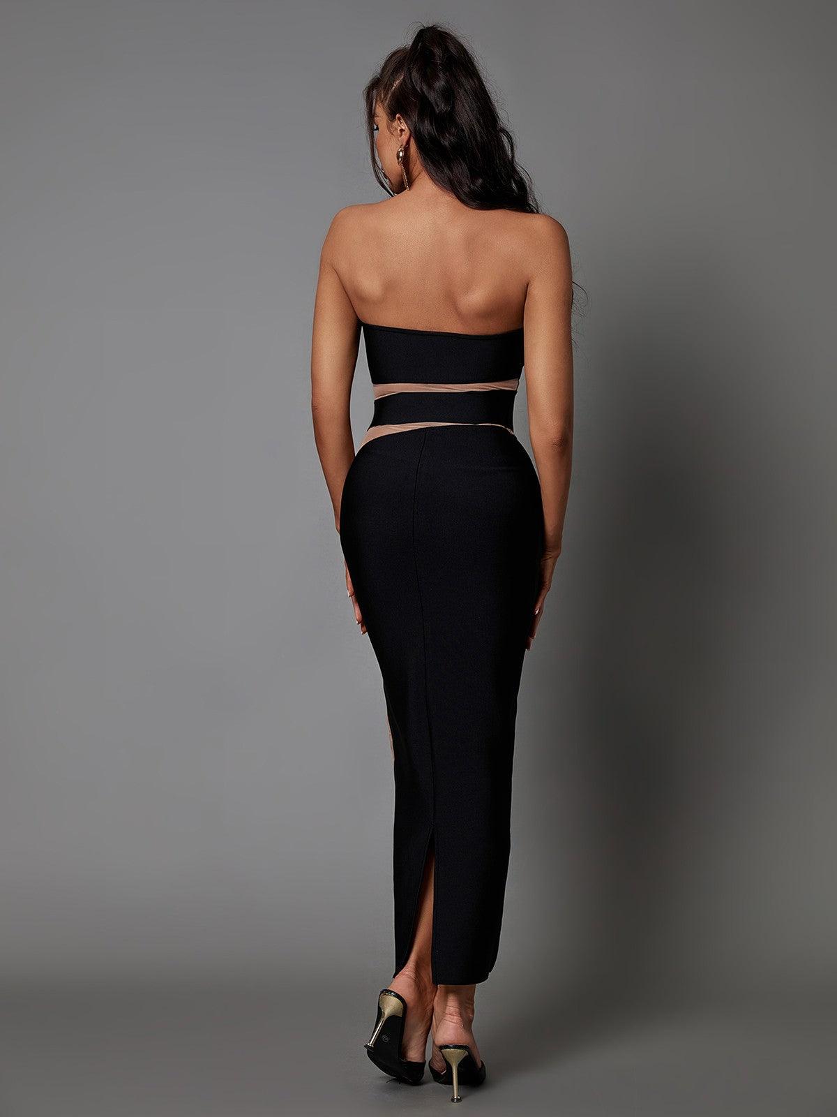 Strapless Bandage Mesh Waist Cutout Illusion Midi Dress 5
