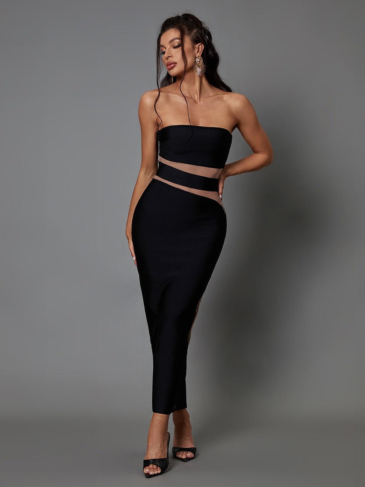 Strapless Bandage Mesh Waist Cutout Illusion Midi Dress 3