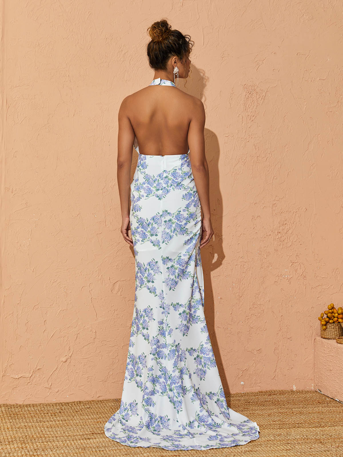 Halter Cowl Neck Backless Floral Print Side Slit Maxi Gown 5