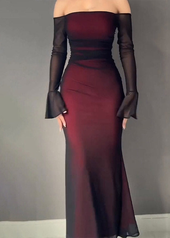 Off-Shoulder Mesh Overlay Bell Cuff Bodycon Floor Length Gown
