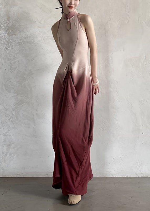 Mandarin Collar Gradient Draped Knot Maxi Gown
