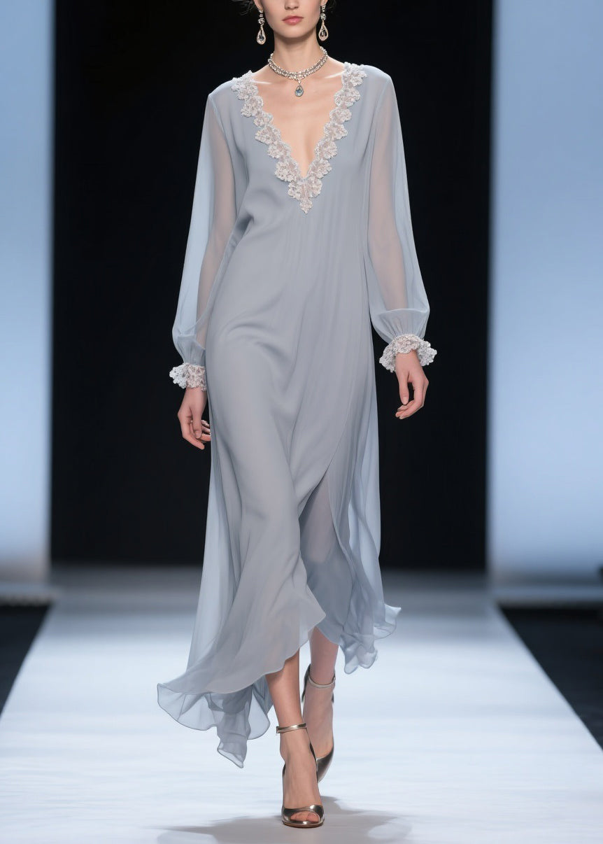 Deep V-Neck Lace Trim Balloon Sleeve Layered Ruffle Hem Gown