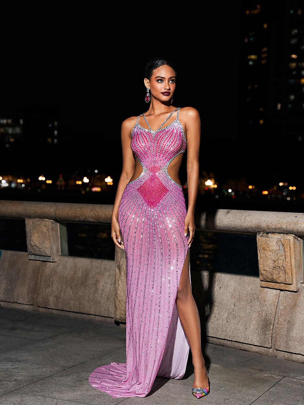 Sweetheart Rhinestone Strap Waist Cutout Mermaid Maxi Gown with Train 4