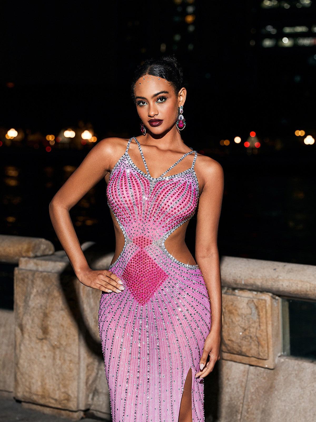 Sweetheart Rhinestone Strap Waist Cutout Mermaid Maxi Gown with Train 3