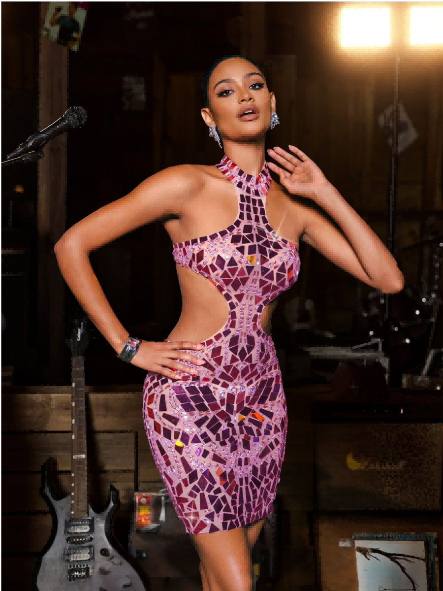 Halter Geometric Shard Mosaic Waist Cutout Bodycon Mini Dress 3