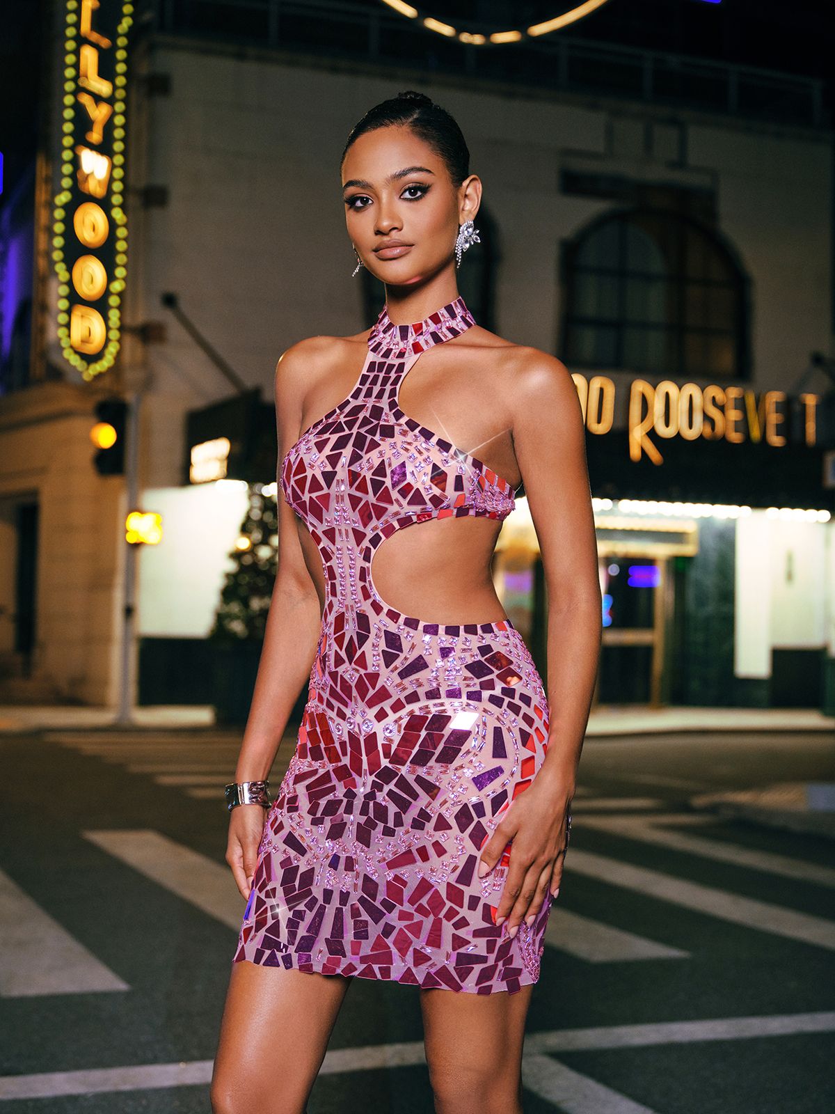 Halter Geometric Shard Mosaic Waist Cutout Bodycon Mini Dress 8