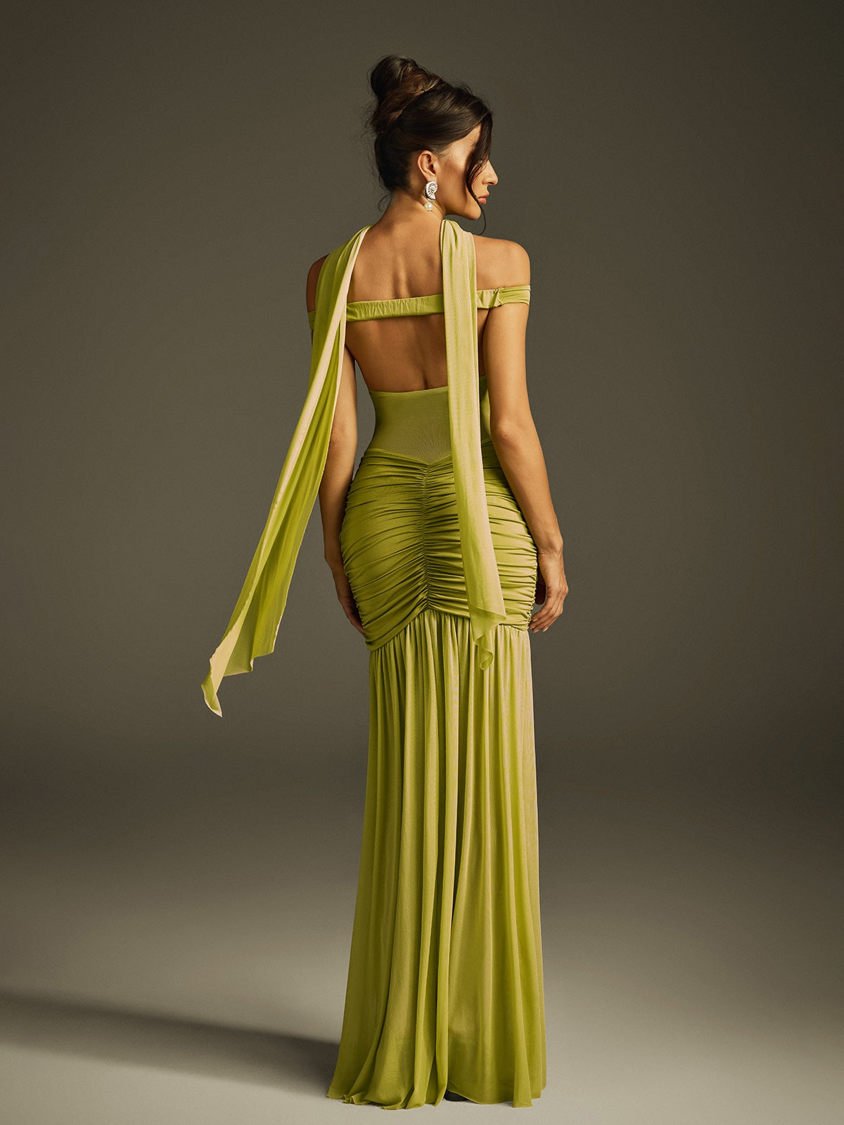 Off Shoulder Sweetheart Sheer Mesh Corset Panel Ruched Scarf High Slit Maxi Gown 6