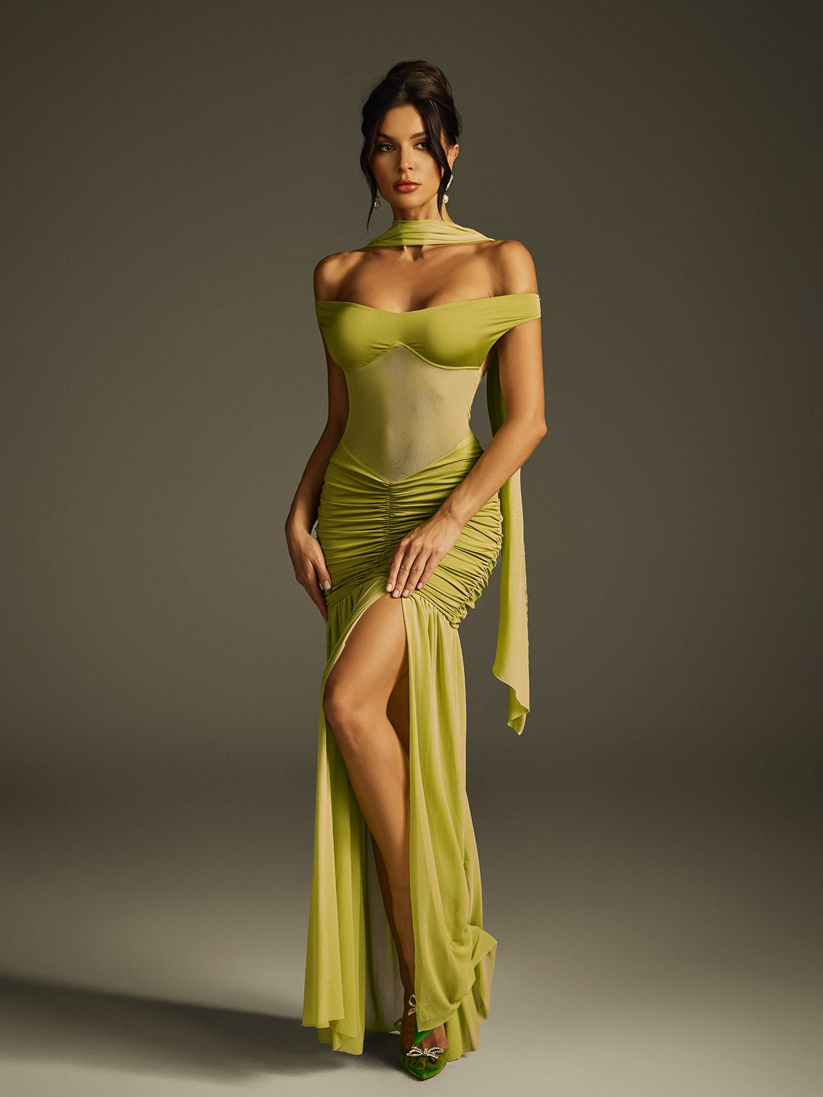 Off Shoulder Sweetheart Sheer Mesh Corset Panel Ruched Scarf High Slit Maxi Gown 5