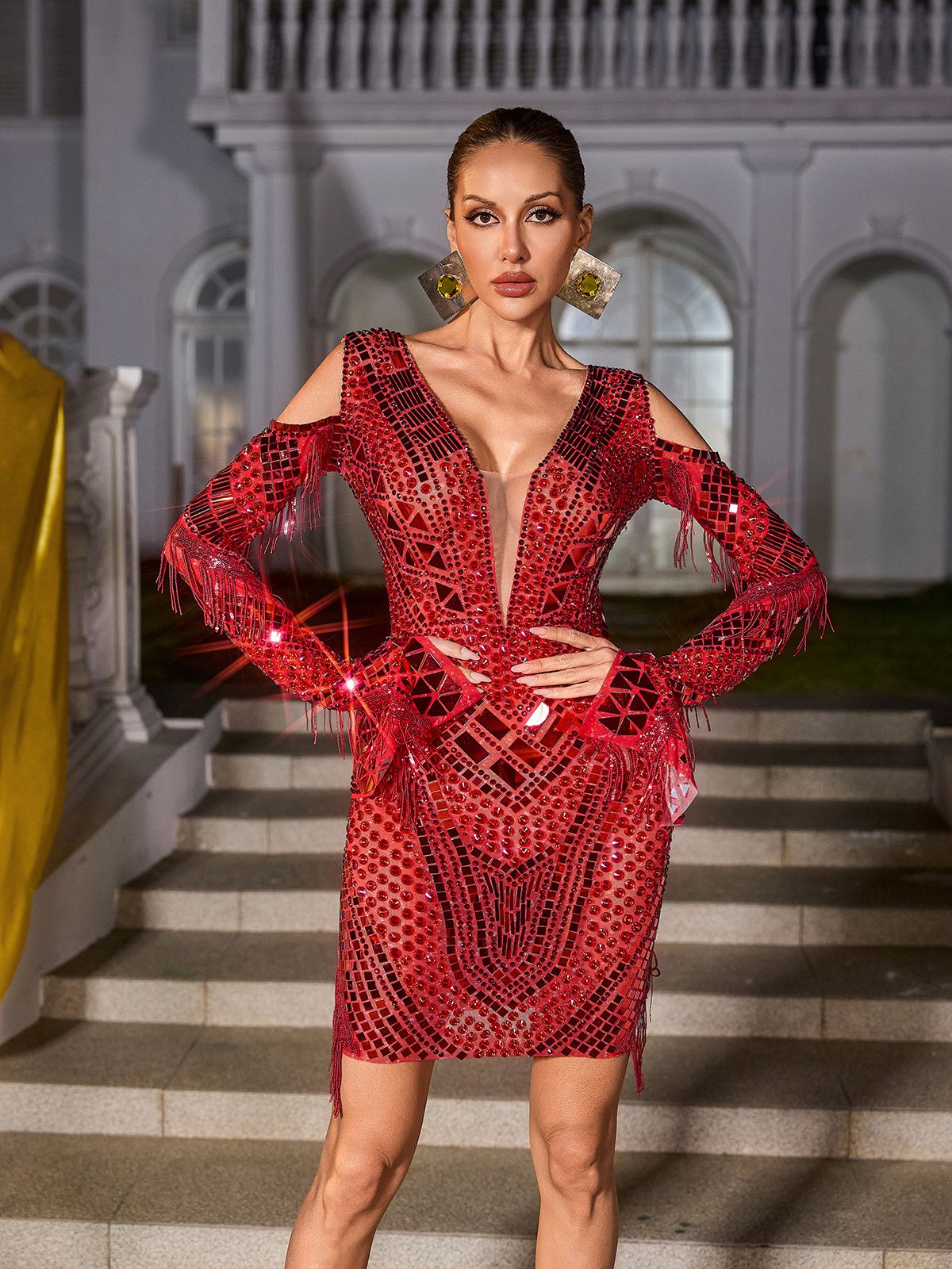 Rhinestone Mirror Panel Deep V-Neck Cold Shoulder Fringe Long Sleeve Bodycon Mini Mini Dress