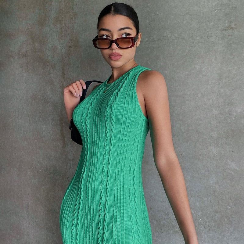 Square Neck Sleeveless Rib Knit Side Slit Midi Dress 3