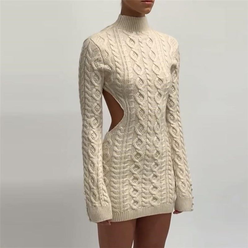 Mock Neck Cable Knit Open Back Button Cuff Mini Dress Set 7